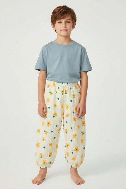 Pantalon Fluide Écru Fleuri Harem Léger Enfant - Beige Coton