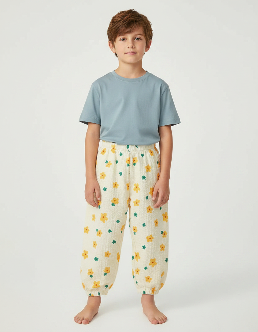 Pantalon Fluide Écru Fleuri Harem Léger Enfant - Beige Coton