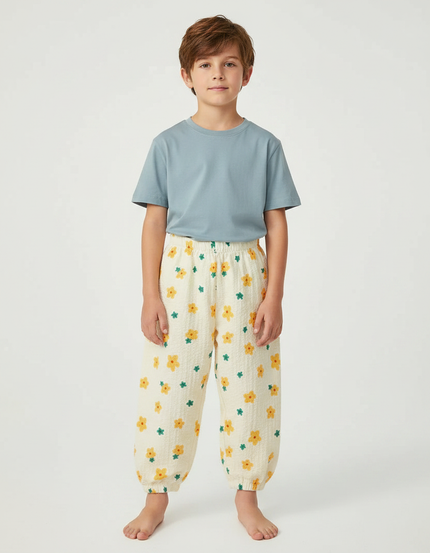 Pantalon Fluide Écru Fleuri Harem Léger Enfant - Beige Coton