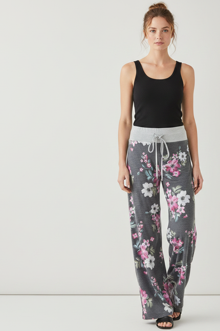 Pantalon Fluide Gris Floral Ample Décontracté Femme - Molleton