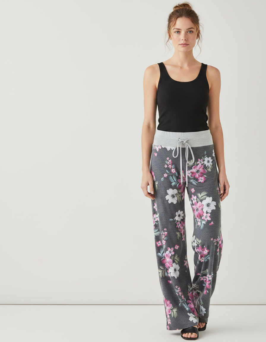 Pantalon Fluide Gris Floral Ample Décontracté Femme - Molleton