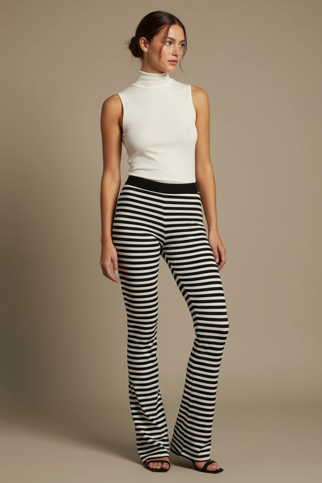 Pantalon Fluide Rayé Noir Blanc Évasé Moulant Femme - Multicolore Maille