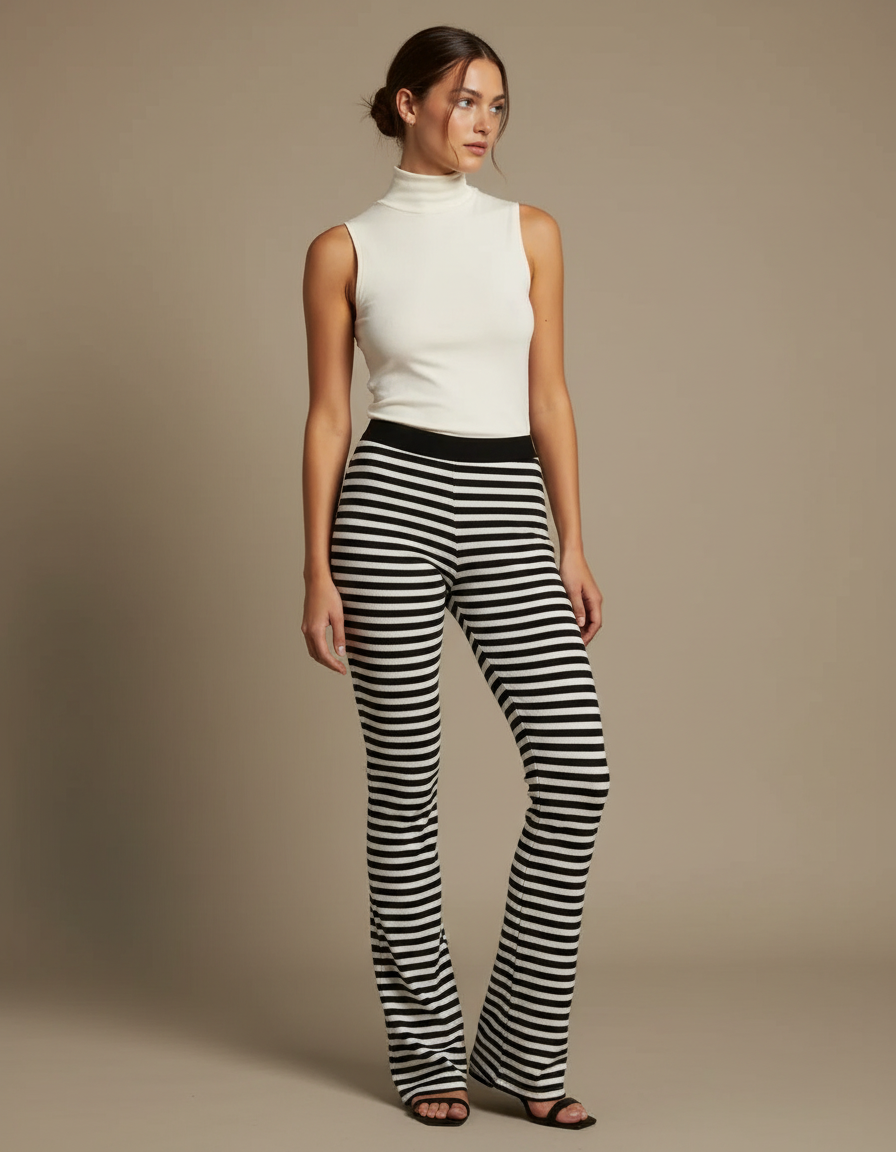 Pantalon Fluide Rayé Noir Blanc Évasé Moulant Femme - Multicolore Maille