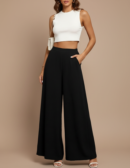 Pantalon Fluide Noir Ample Texturé Taille Haute Décontracté - Polyester