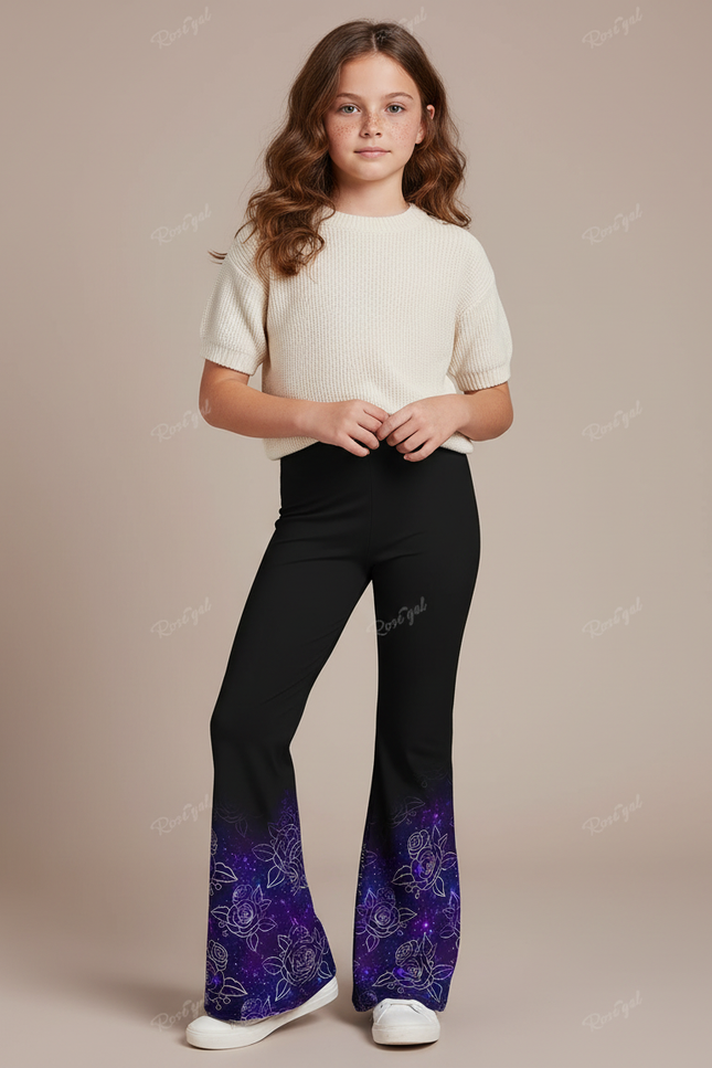 Pantalon Fluide Noir Évasé Imprimé Fleuri Galaxie Fille - Polyester