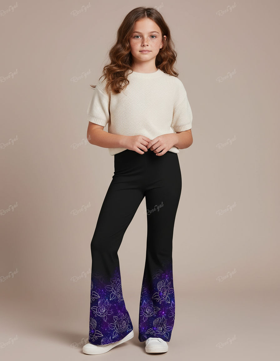Pantalon Fluide Noir Évasé Imprimé Fleuri Galaxie Fille - Polyester