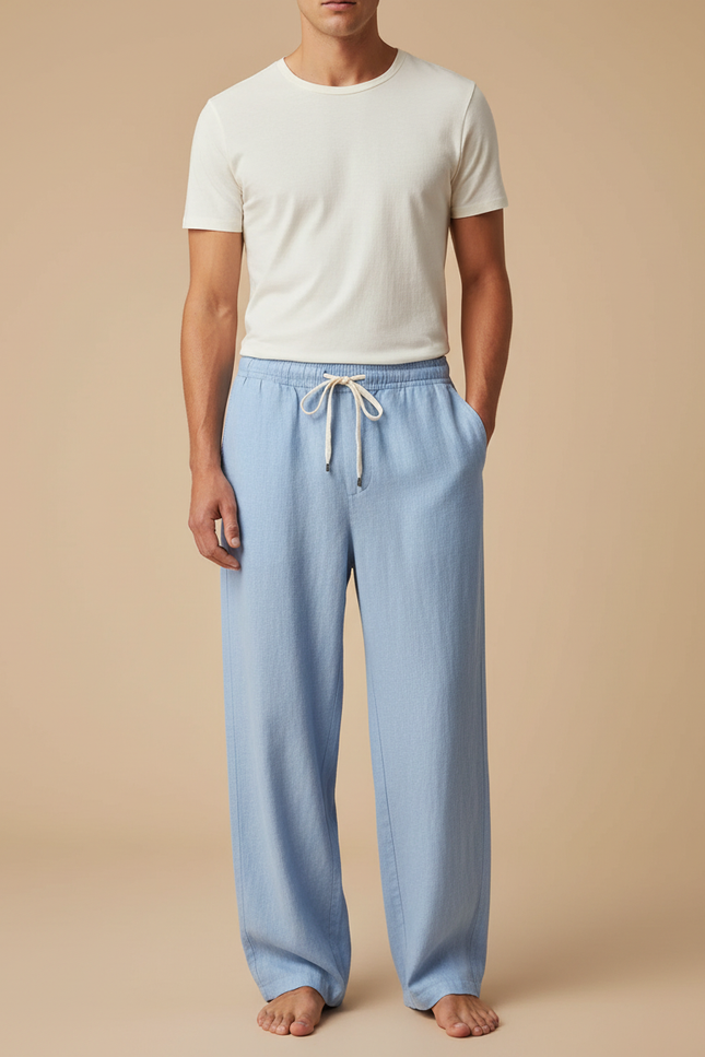 Pantalon Fluide Bleu Ciel Ample Léger Lin Homme