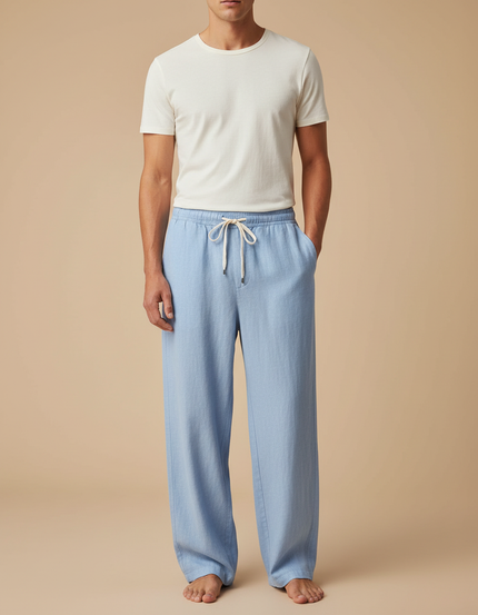 Pantalon Fluide Bleu Ciel Ample Léger Lin Homme