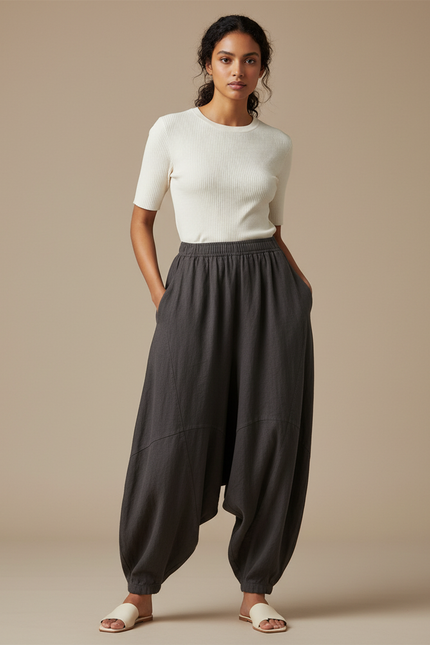 Pantalon Fluide Gris Ample Coton Lin Décontracté
