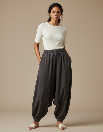 Pantalon Fluide Gris Ample Coton Lin Décontracté