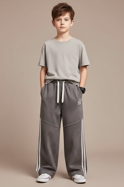Pantalon Fluide Gris Ample Sport Rayures Blanches Enfant - Molleton