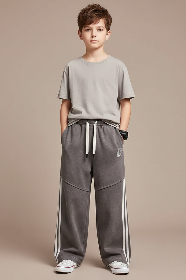 Pantalon Fluide Gris Ample Sport Rayures Blanches Enfant - Molleton