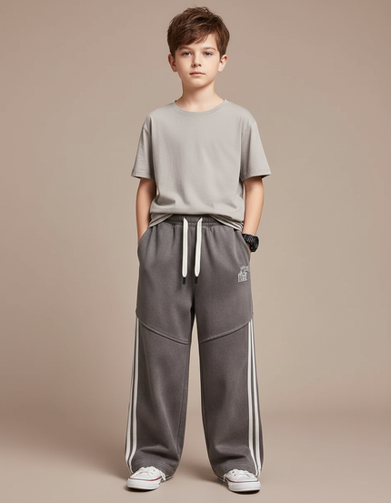 Pantalon Fluide Gris Ample Sport Rayures Blanches Enfant - Molleton