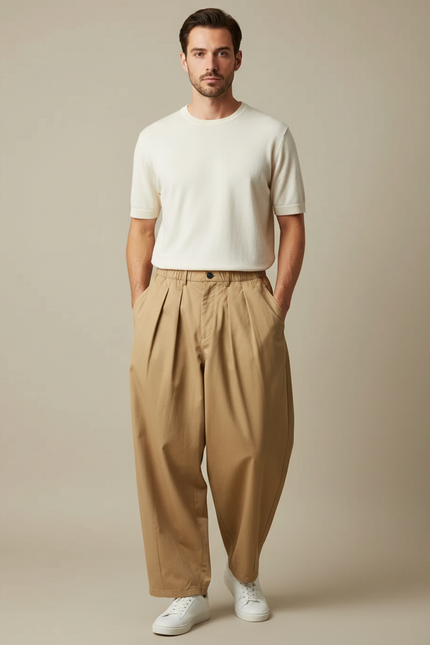 Pantalon Fluide Beige Ample Plissé Décontracté Homme - Gabardine