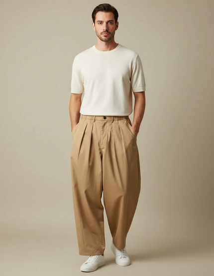 Pantalon Fluide Beige Ample Plissé Décontracté Homme - Gabardine