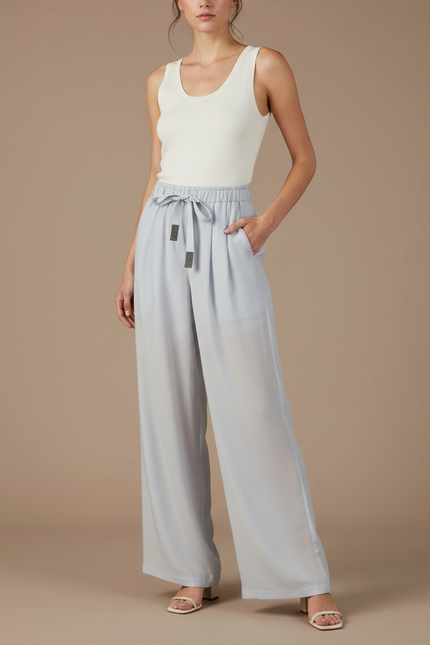 Pantalon Fluide Bleu Ciel Ample Cordon Décontracté - Viscose