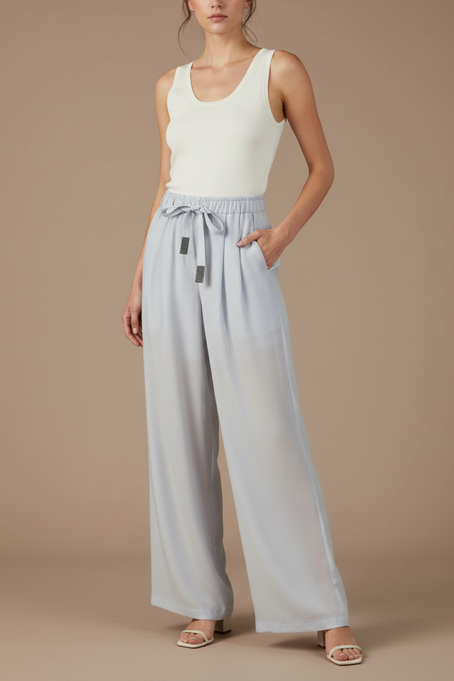 Pantalon Fluide Bleu Ciel Ample Cordon Décontracté - Viscose