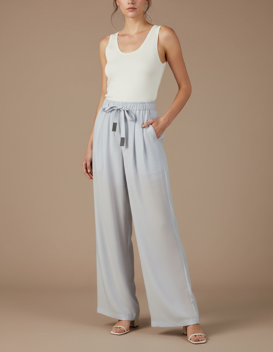 Pantalon Fluide Bleu Ciel Ample Cordon Décontracté - Viscose