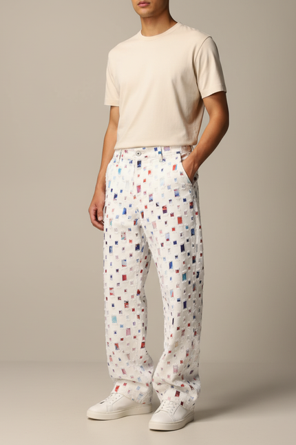 Pantalon Fluide Blanc Ample Imprimé Carrés Décontracté Homme - Toile