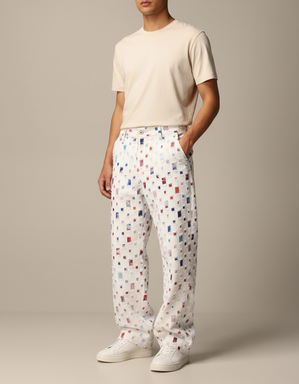 Pantalon Fluide Blanc Ample Imprimé Carrés Décontracté Homme - Toile