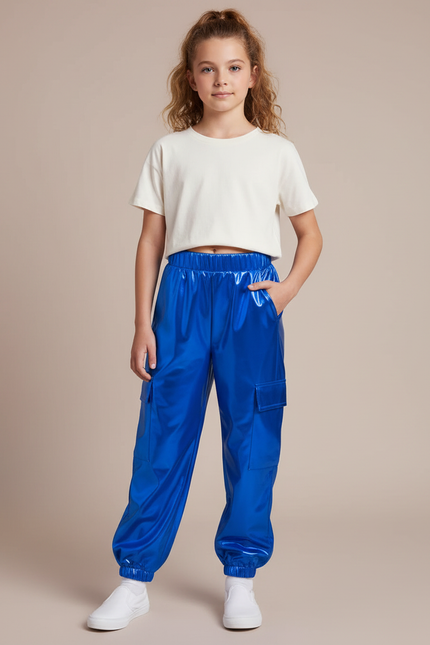 Pantalon Fluide Métallisé Bleu Cargo Brillant Fille - Polyester