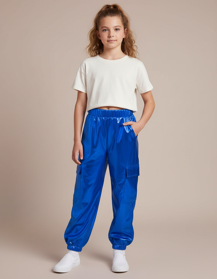Pantalon Fluide Métallisé Bleu Cargo Brillant Fille - Polyester