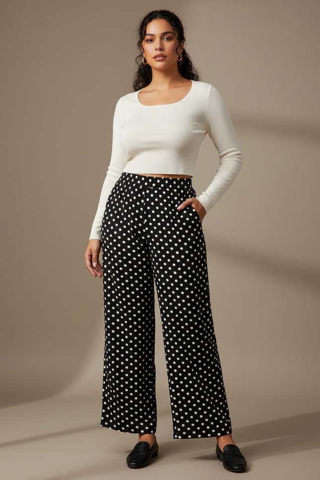 Pantalon Fluide Noir À Pois Ample Décontracté Femme - Polyester