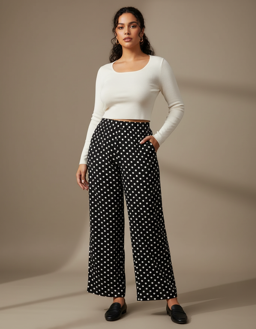 Pantalon Fluide Noir À Pois Ample Décontracté Femme - Polyester