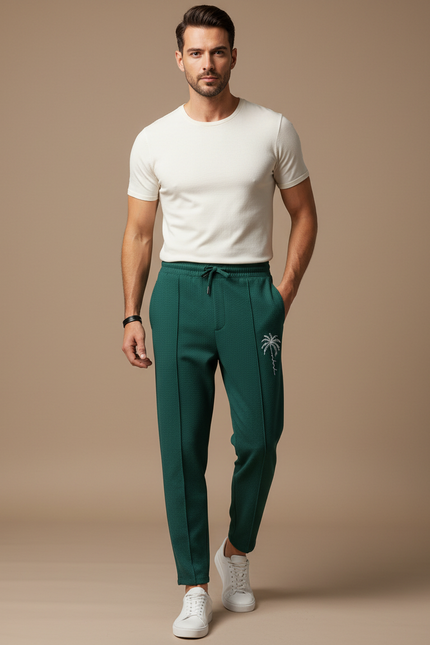Pantalon Fluide Vert Motif Palmier Décontracté Homme - Maille