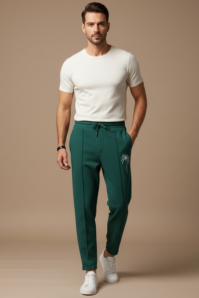 Pantalon Fluide Vert Motif Palmier Décontracté Homme - Maille