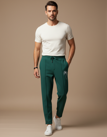 Pantalon Fluide Vert Motif Palmier Décontracté Homme - Maille
