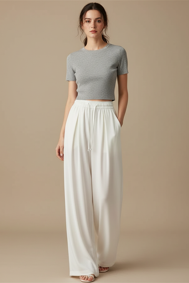 Pantalon Fluide Blanc Ample Taille Haute Cordon - Viscose