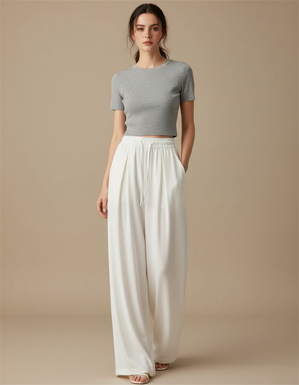 Pantalon Fluide Blanc Ample Taille Haute Cordon - Viscose