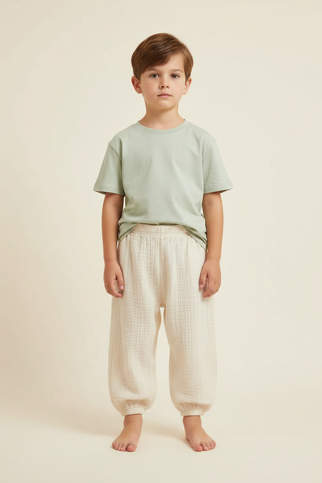 Pantalon Fluide Coton Crêpé Ample Beige Enfant
