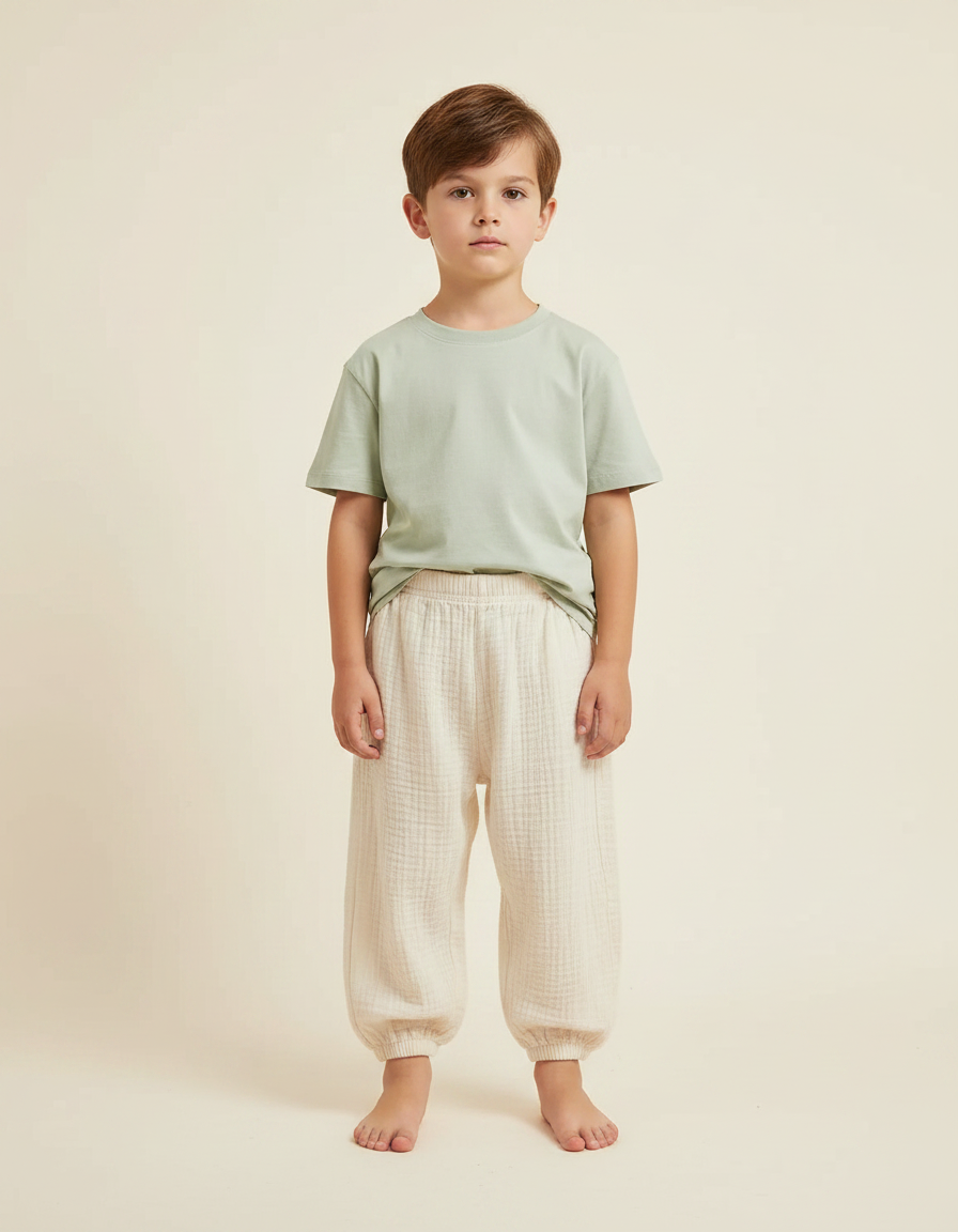 Pantalon Fluide Coton Crêpé Ample Beige Enfant