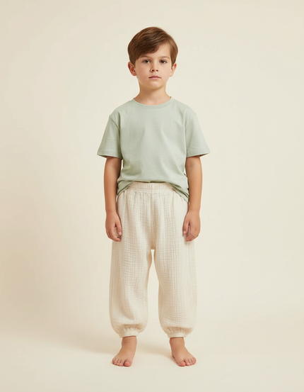 Pantalon Fluide Coton Crêpé Ample Beige Enfant