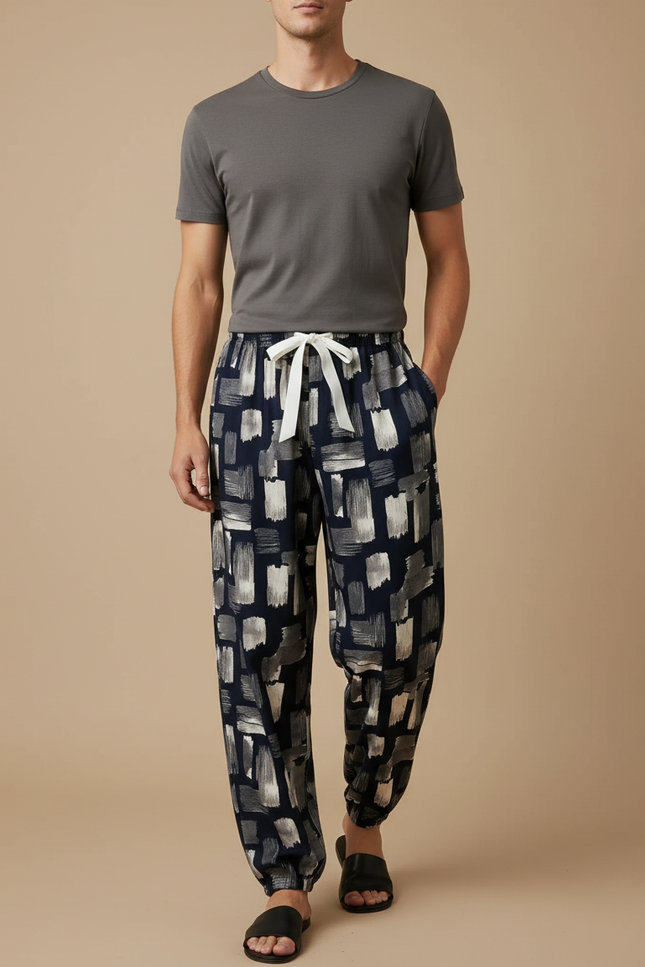 Pantalon Fluide Imprimé Abstrait Ample Viscose Homme - Multicolore