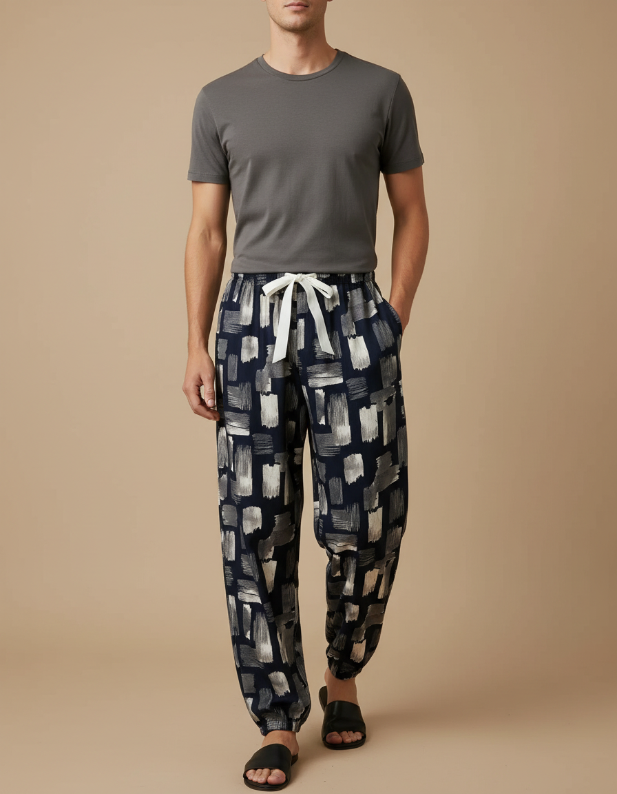 Pantalon Fluide Imprimé Abstrait Ample Viscose Homme - Multicolore