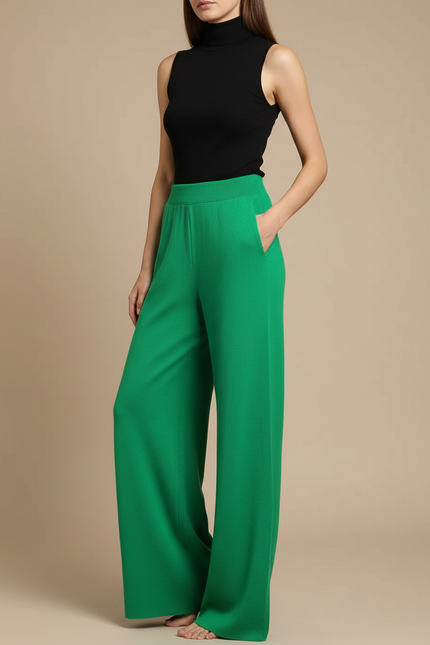 Pantalon Fluide Vert Ample Maille Confortable Élégant