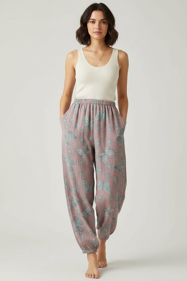 Pantalon Fluide Rose Coton Imprimé Papillons Ample Confortable
