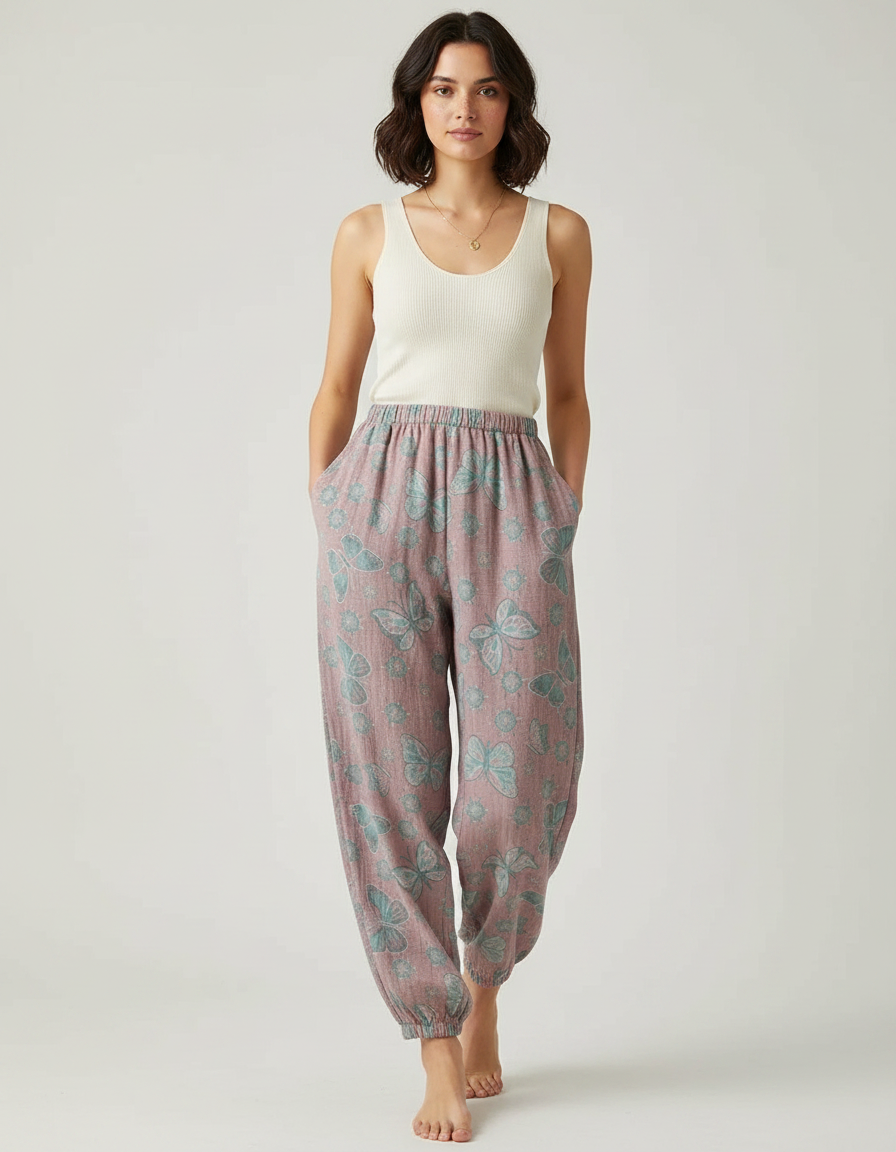 Pantalon Fluide Rose Coton Imprimé Papillons Ample Confortable