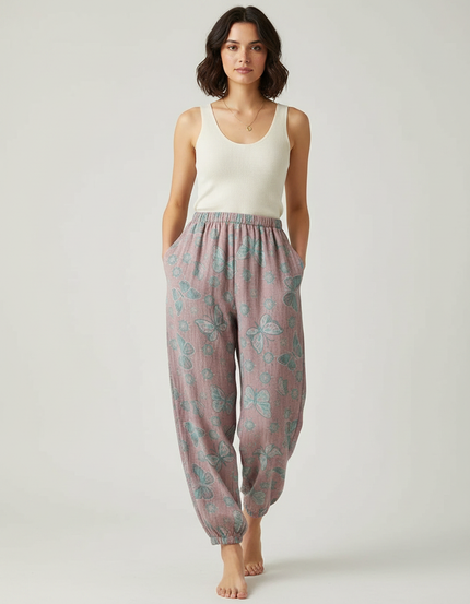 Pantalon Fluide Rose Coton Imprimé Papillons Ample Confortable