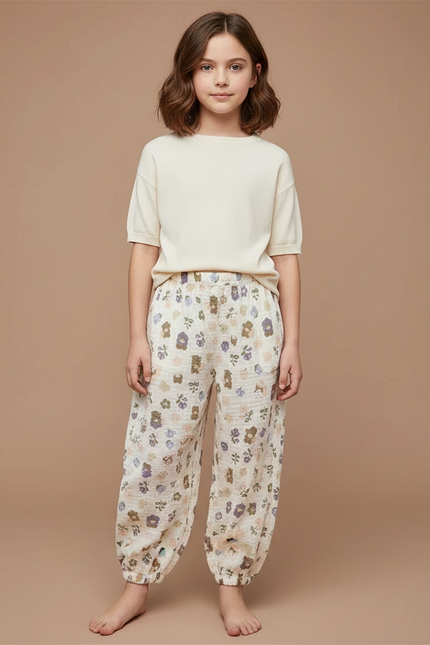 Pantalon Fluide Blanc Imprimé Fleurs Muslin Enfant - Coton