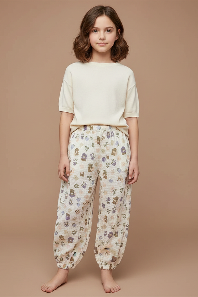Pantalon Fluide Blanc Imprimé Fleurs Muslin Enfant - Coton