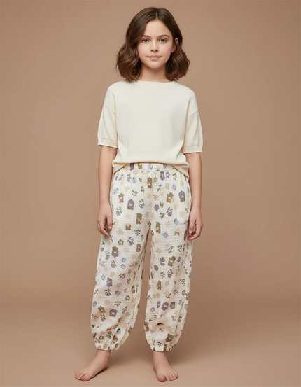 Pantalon Fluide Blanc Imprimé Fleurs Muslin Enfant - Coton