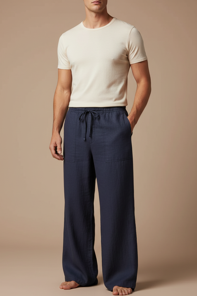 Pantalon Fluide Bleu Marine Lin Ample Cordon Homme