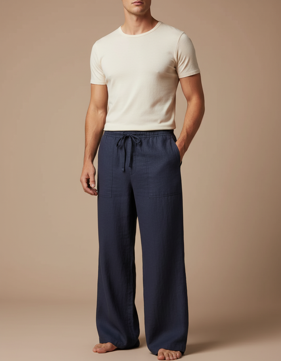 Pantalon Fluide Bleu Marine Lin Ample Cordon Homme