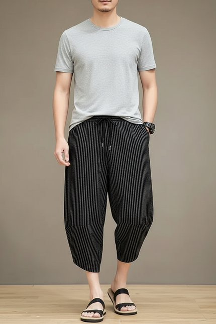 Pantalon Fluide Noir Rayé Ample Décontracté Homme - Lin