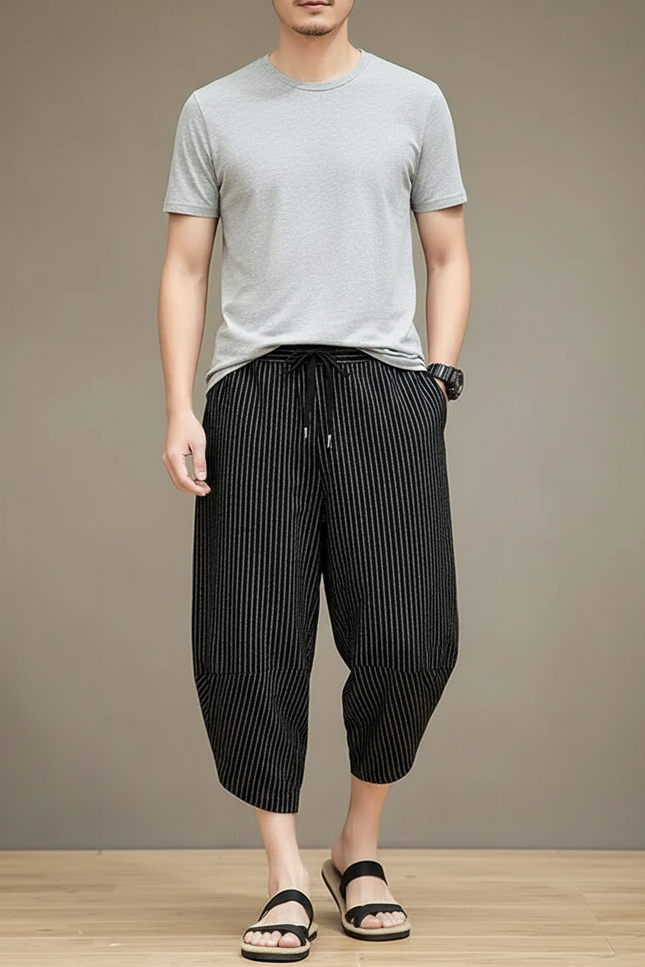 Pantalon Fluide Noir Rayé Ample Décontracté Homme - Lin