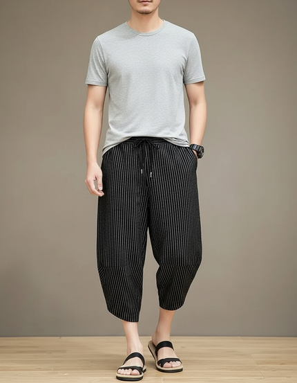 Pantalon Fluide Noir Rayé Ample Décontracté Homme - Lin